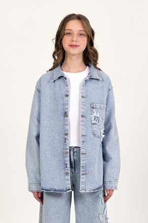 DMB BOYS & GIRLS Tek Cepli Yıldız Nakışlı Denim Kız Çocuk Kot Gömlek