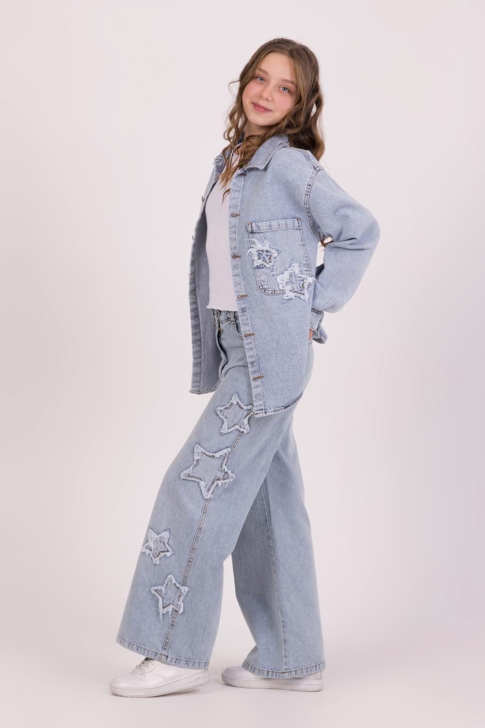 DMB BOYS & GIRLS Tek Cepli Yıldız Nakışlı Denim Kız Çocuk Kot Gömlek
