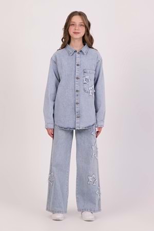 DMB BOYS & GIRLS Tek Cepli Yıldız Nakışlı Denim Kız Çocuk Kot Gömlek