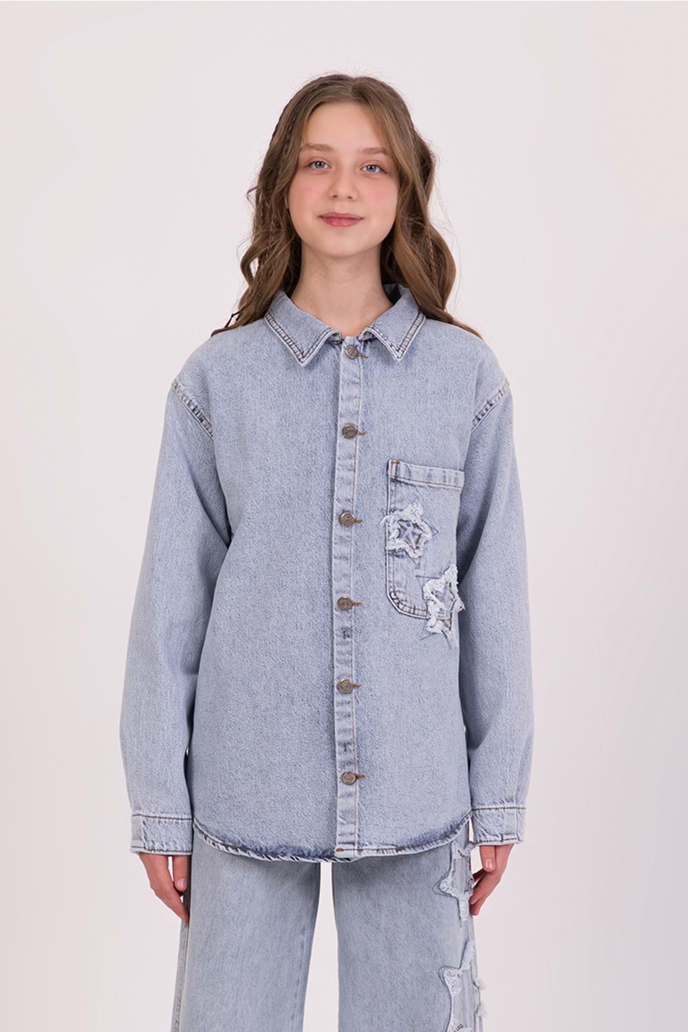 DMB BOYS & GIRLS Tek Cepli Yıldız Nakışlı Denim Kız Çocuk Kot Gömlek