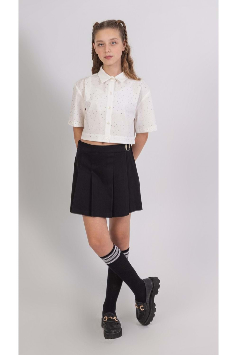 Taş Baskılı Crop Model Kız Çocuk Gömlek