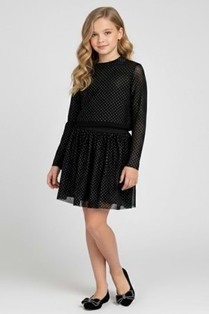 Kız Çocuk Siyah Taş Baskılı Tül Detaylı Elbise
