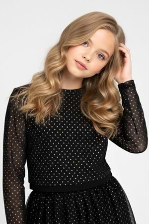 Kız Çocuk Siyah Taş Baskılı Tül Detaylı Elbise