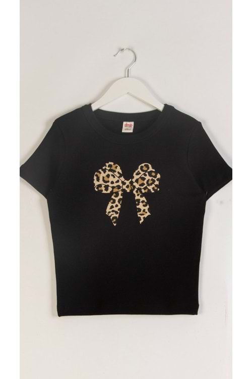 İnce Fitilli Fiyonk Baskılı Kız Çocuk T-Shirt