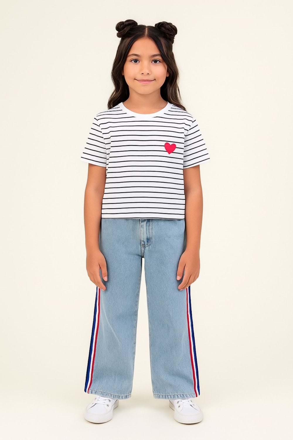 Kız Çocuk Renkli Şeritli Bol Paça Kot Pantolon