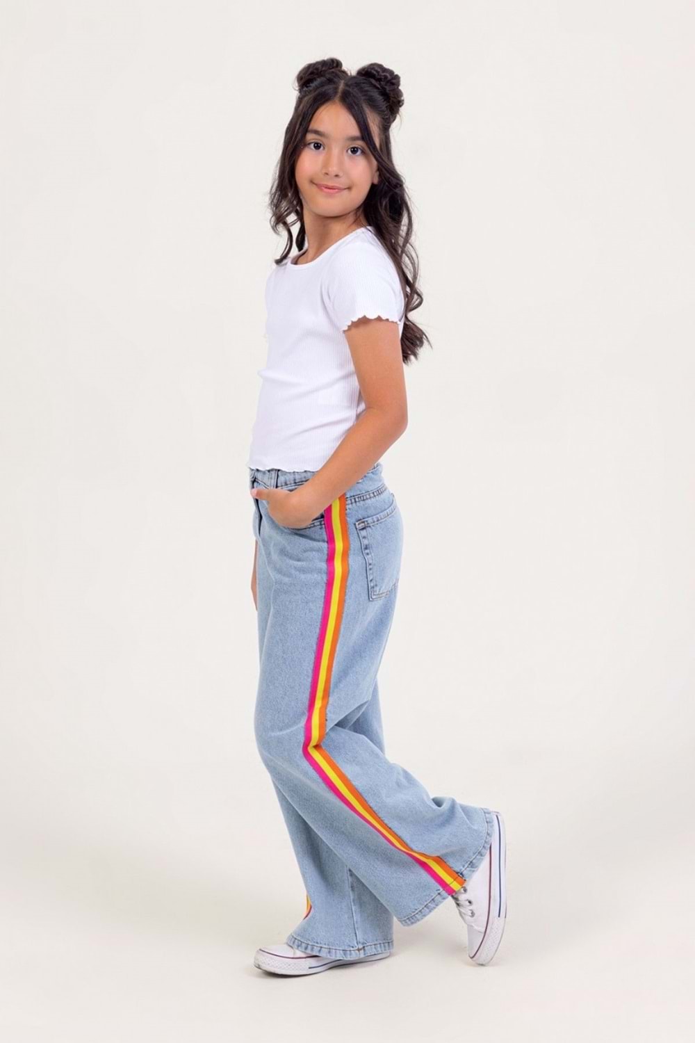 Kız Çocuk Renkli Şeritli Bol Paça Kot Pantolon