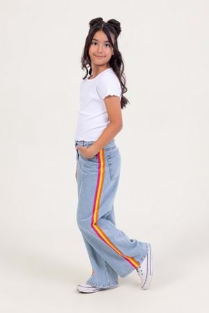 Kız Çocuk Renkli Şeritli Bol Paça Kot Pantolon