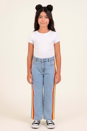 Kız Çocuk Renkli Şeritli Bol Paça Kot Pantolon