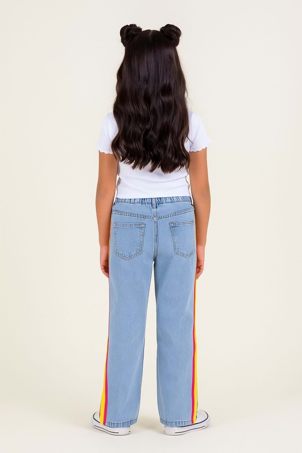 Kız Çocuk Renkli Şeritli Bol Paça Kot Pantolon