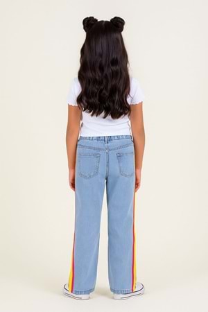 Kız Çocuk Renkli Şeritli Bol Paça Kot Pantolon