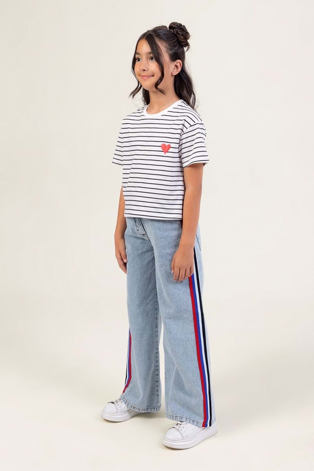 Kız Çocuk Renkli Şeritli Bol Paça Kot Pantolon