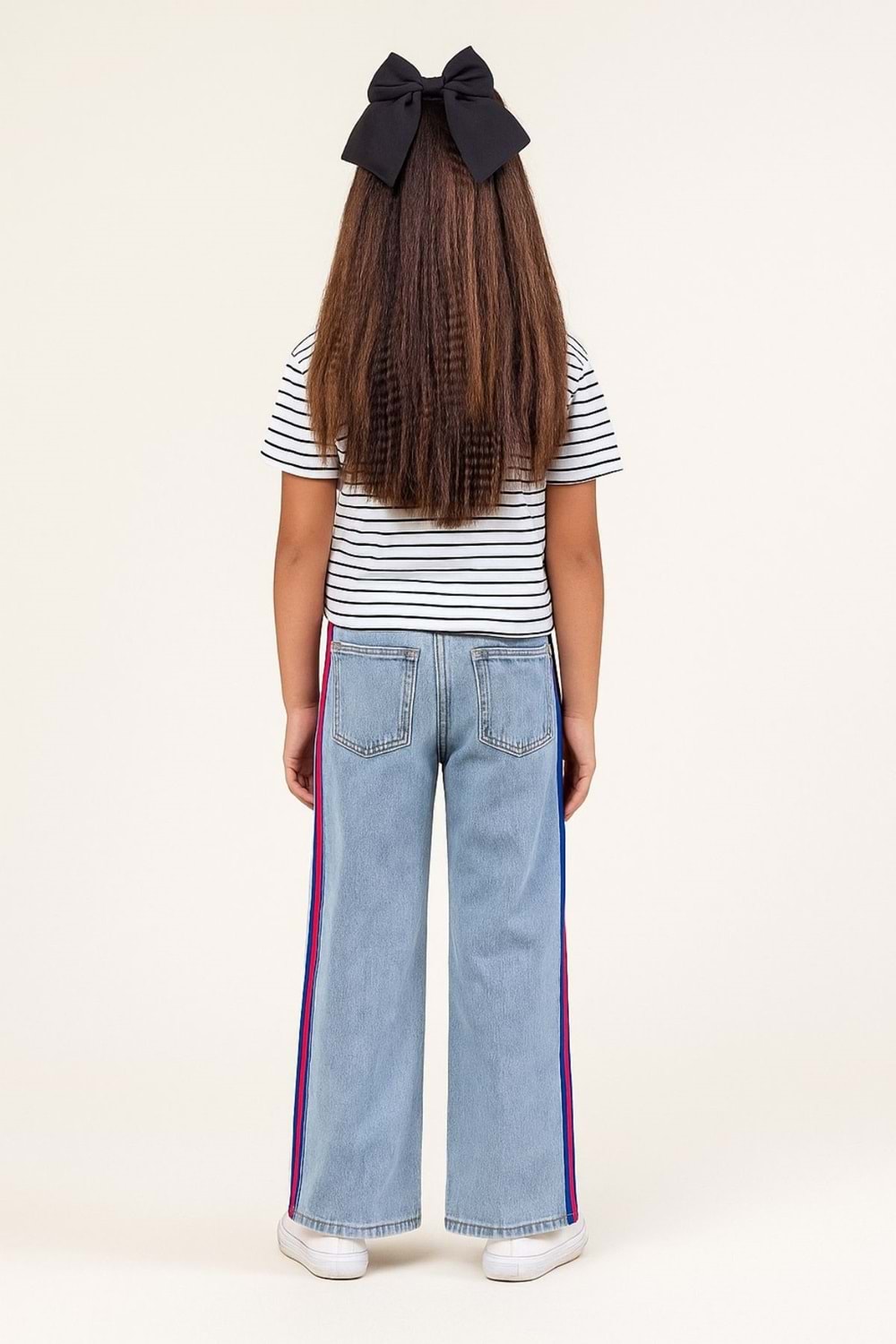 Kız Çocuk Renkli Şeritli Bol Paça Kot Pantolon