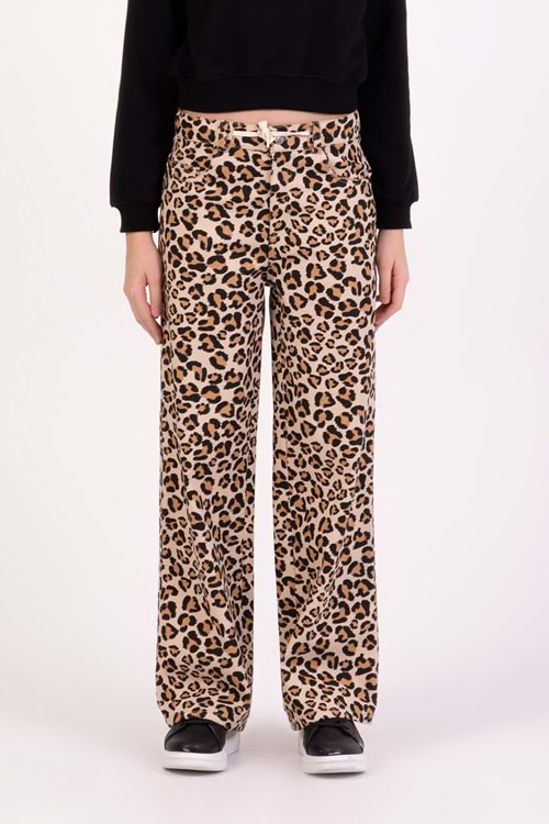 Leopar Desenli Ayarlanabilir Belli Kız Çocuk Gabardin Pantolon