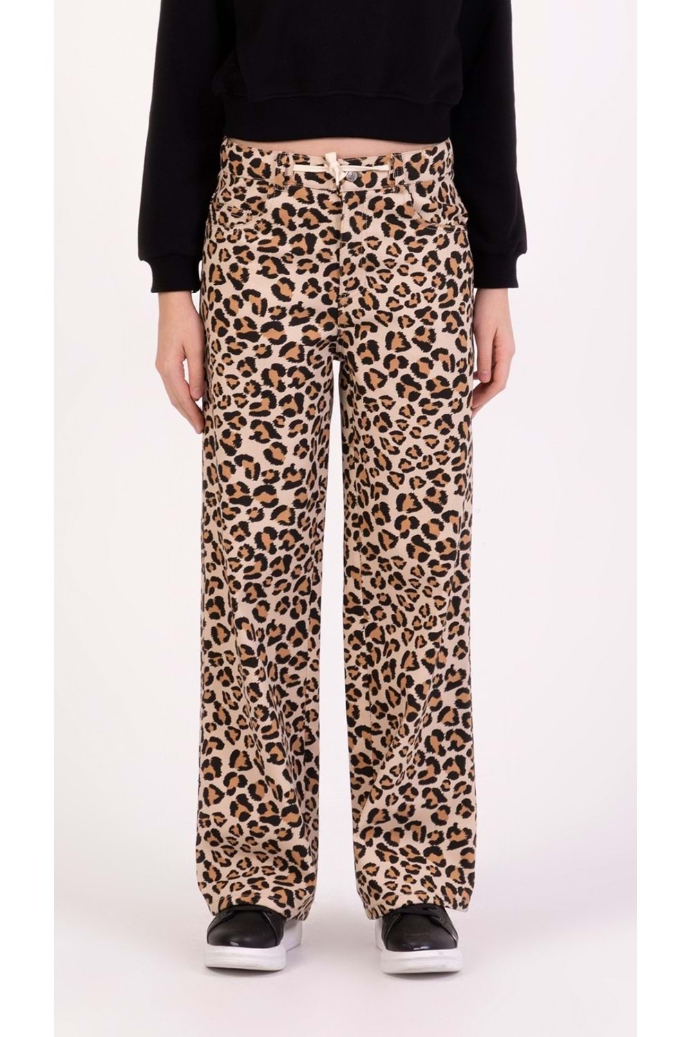 Leopar Desenli Ayarlanabilir Belli Kız Çocuk Gabardin Pantolon