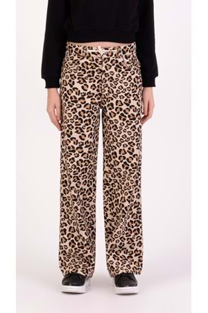 Leopar Desenli Ayarlanabilir Belli Kız Çocuk Gabardin Pantolon