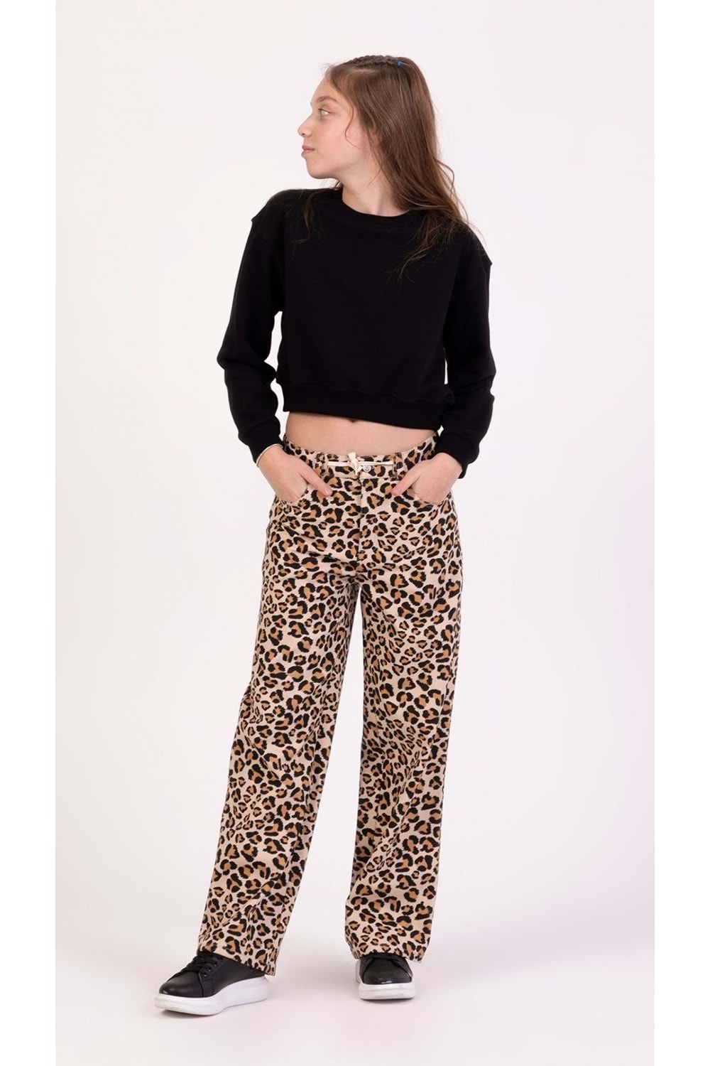 Leopar Desenli Ayarlanabilir Belli Kız Çocuk Gabardin Pantolon