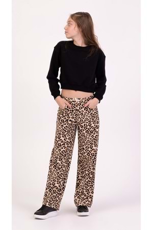 Leopar Desenli Ayarlanabilir Belli Kız Çocuk Gabardin Pantolon