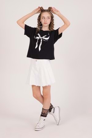 Fiyon Varak Baskılı Bisiklet Yaka Kız Çocuk T-Shirt - Siyah
