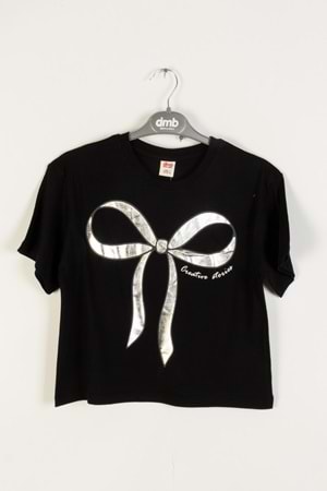 Fiyon Varak Baskılı Bisiklet Yaka Kız Çocuk T-Shirt - Siyah