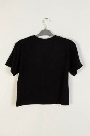 Fiyon Varak Baskılı Bisiklet Yaka Kız Çocuk T-Shirt - Siyah