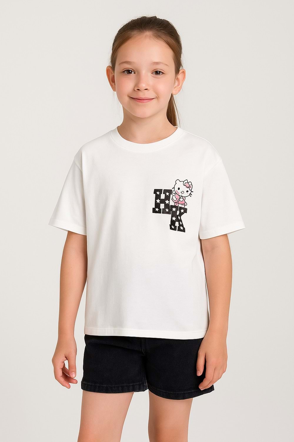 Hello Kitty Baskılı Beyaz Kız Çocuk Kısa Kollu Tişört