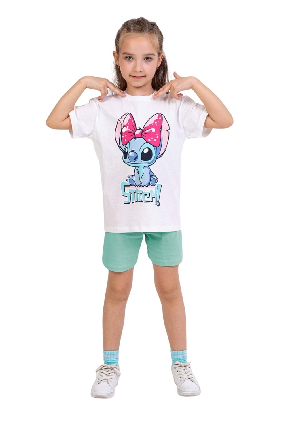 Stitch Baskılı Kız Çocuk Tişört ve Şort Takımı