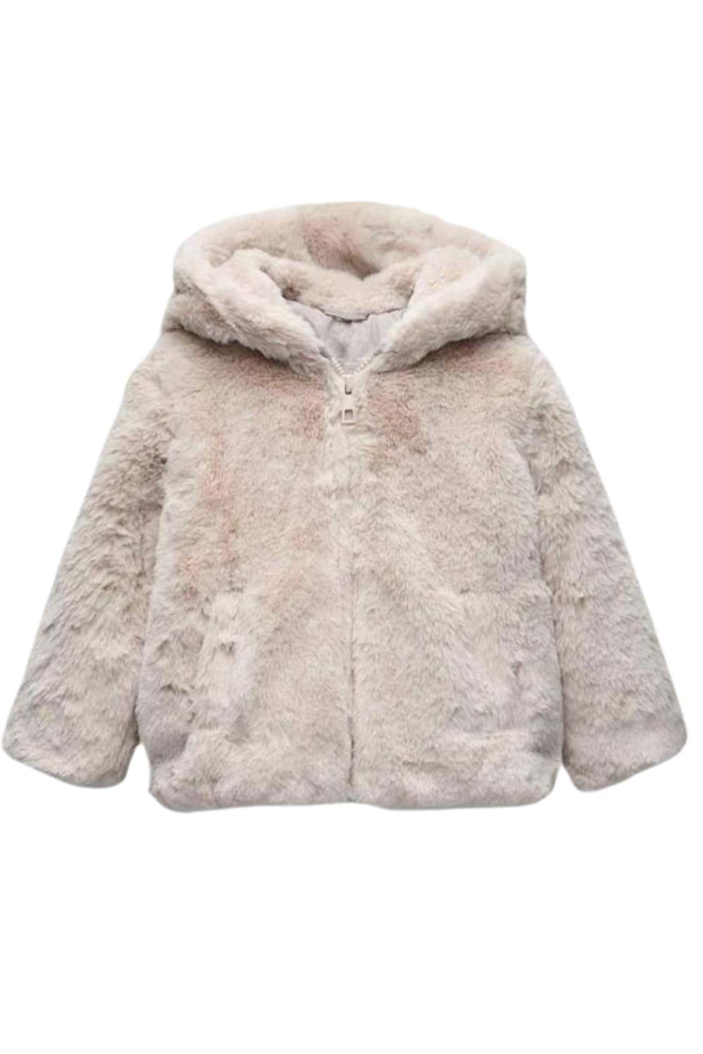 Kürk Peluş Kapüşonlu Fermuar Kapamalı Kız Çocuk Mont