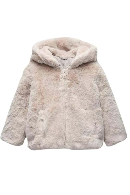 Kürk Peluş Kapüşonlu Fermuar Kapamalı Kız Çocuk Mont