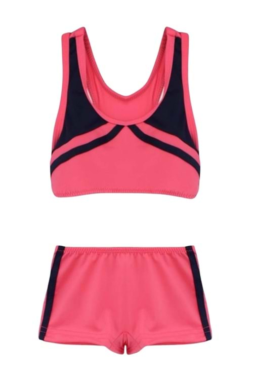 Blok Renkli Pembe ve Lacivert Şortlu Kız Çocuk Bikini Takımı - Fuji