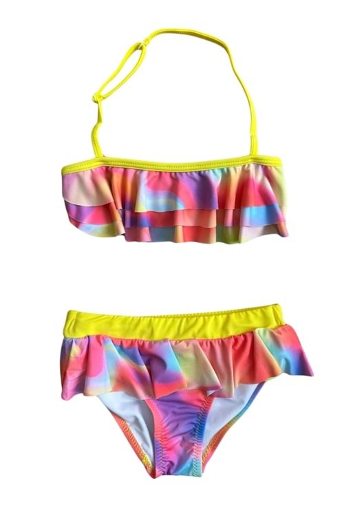 Tie-Dye Desenli Fırfırlı Sarı Askılı Kız Çocuk Bikini Takımı - Sarı