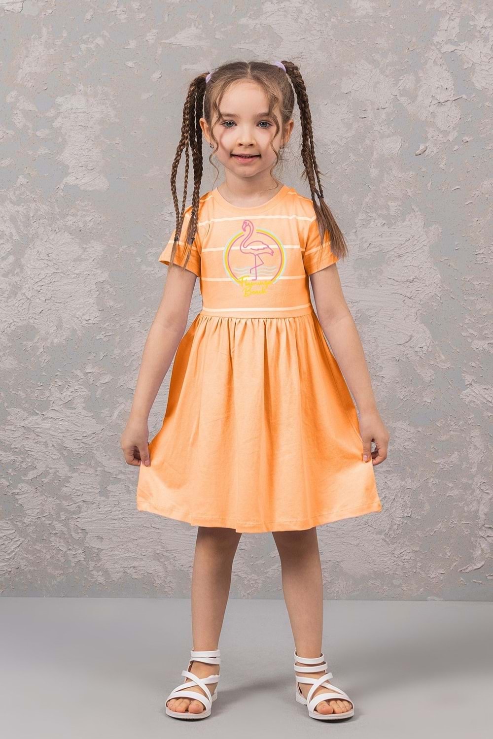 Flamingo Baskılı Limon Yeşili Kız Çocuk Elbise - Oranj