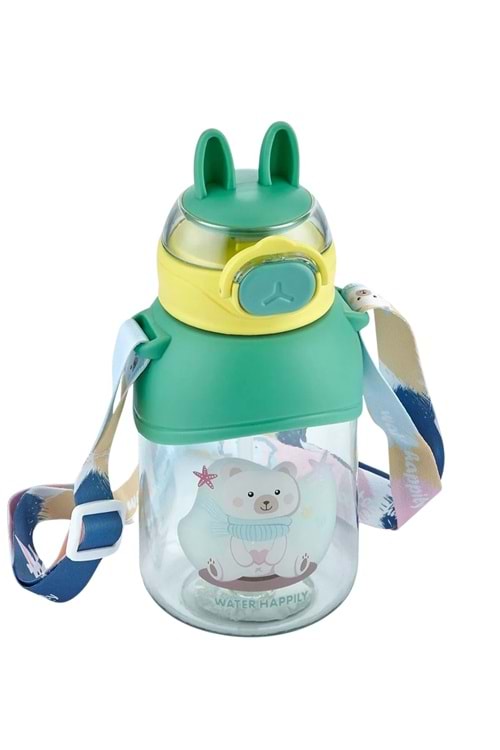 Tavşan Kulaklı Pembe Çocuk Pipetli Suluk Matarası (400 ml) - Yeşil - 2-8 YAŞ