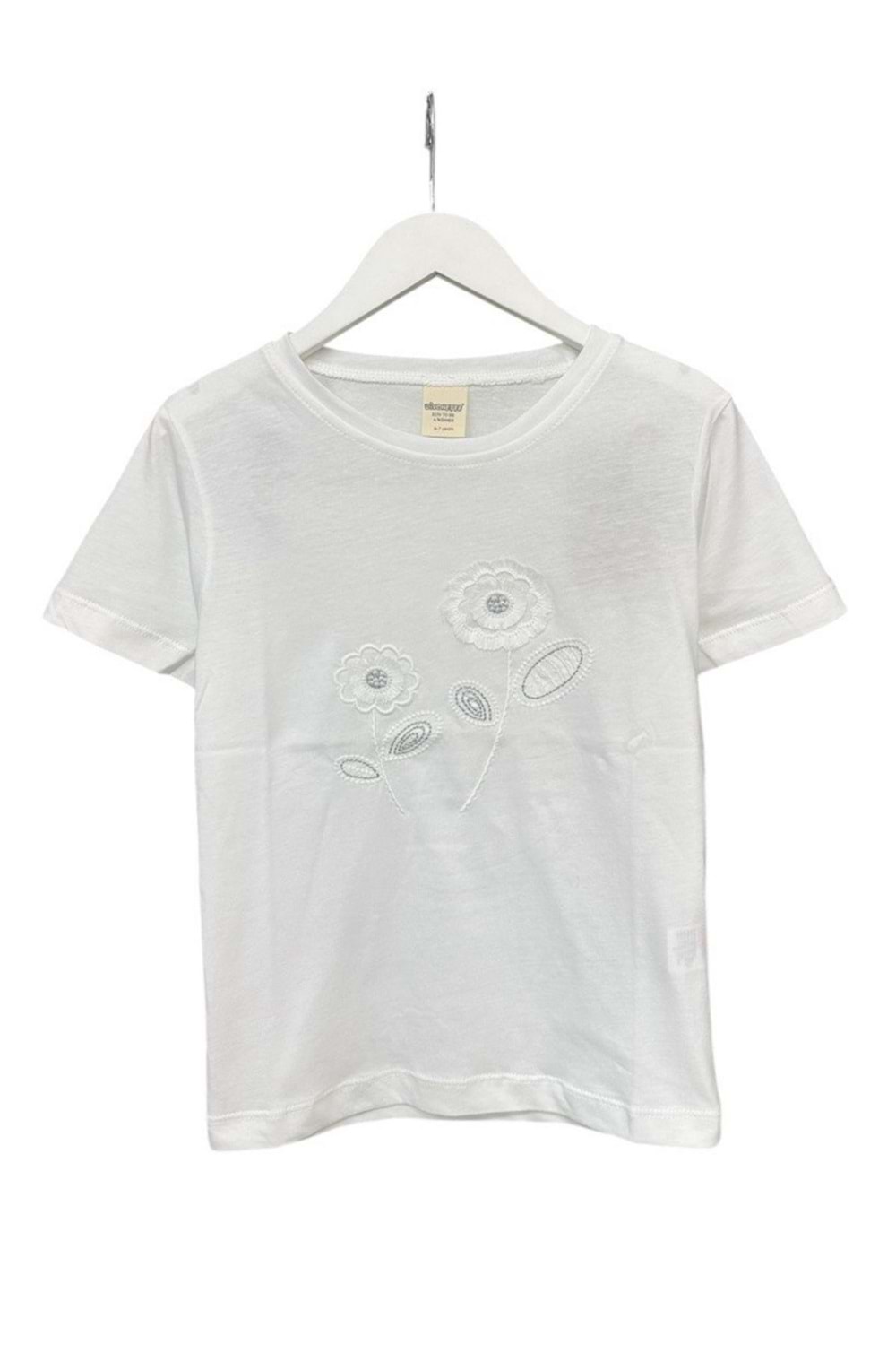 Önü Çiçek Nakışlı Bisiklet Yaka Kız Çocuk T-Shirt - Beyaz