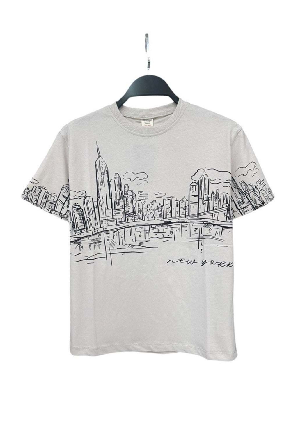 Önü Kolları Baskılı Bisiklet Yaka Erkek Çocuk T-Shirt - Bej