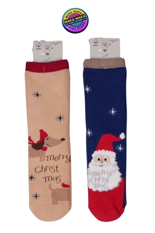 Çocuk Yılbaşı Temalı Çorap Seti - 2’li Noel Baba & Geyik Desenli Termal Çorap
