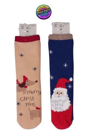 Çocuk Yılbaşı Temalı Çorap Seti - 2’li Noel Baba & Geyik Desenli Termal Çorap