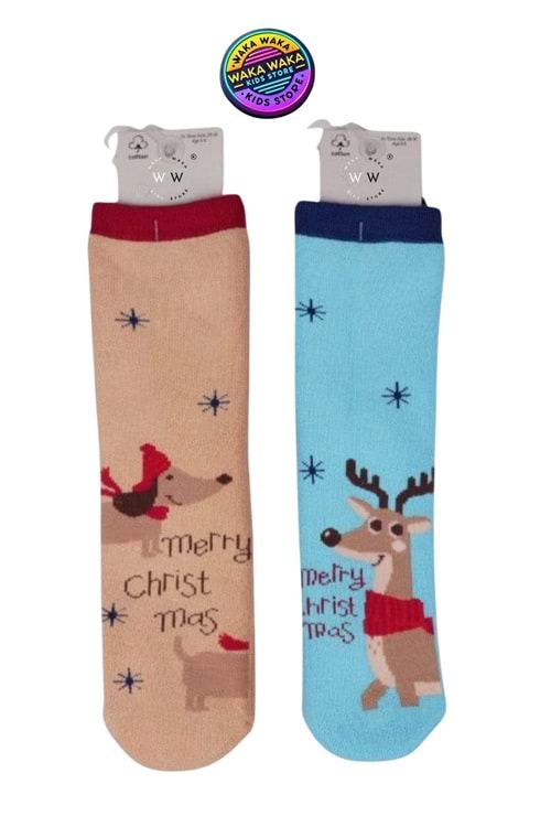 Çocuk Yılbaşı Temalı Çorap Seti - 2’li Noel Baba & Geyik Desenli Termal Çorap