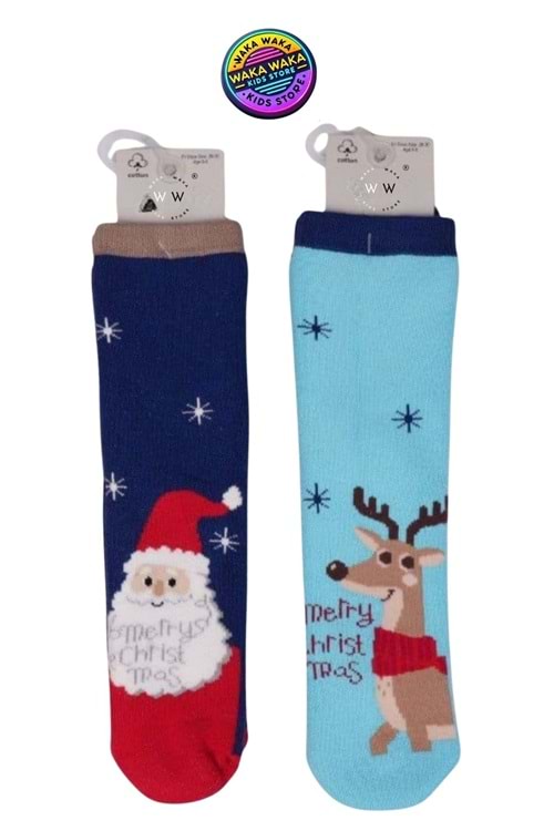 Çocuk Yılbaşı Temalı Çorap Seti - 2’li Noel Baba & Geyik Desenli Termal Çorap