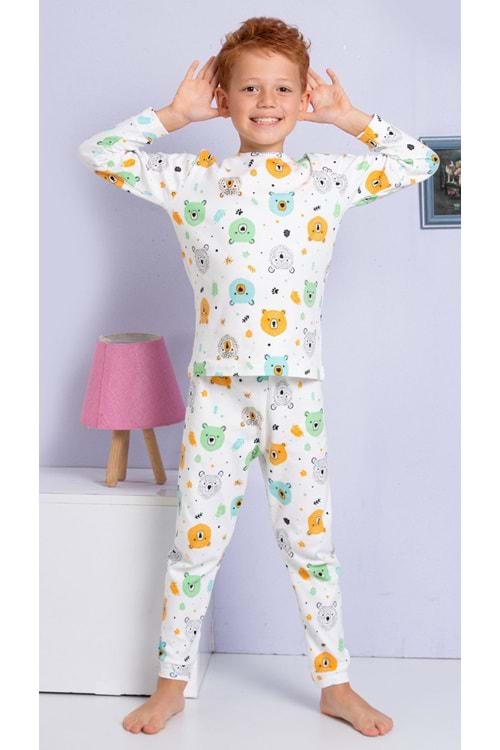 Ayıcık Baskılı Bisiklet Yaka Erkek Çocuk Pijama Takım