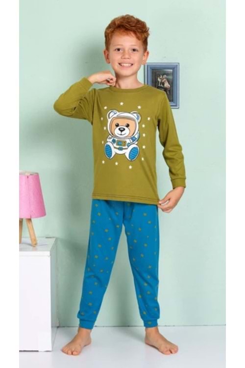Önü Astronot Baskılı Bisiklet Yaka Erkek Çocuk Pijama Takım