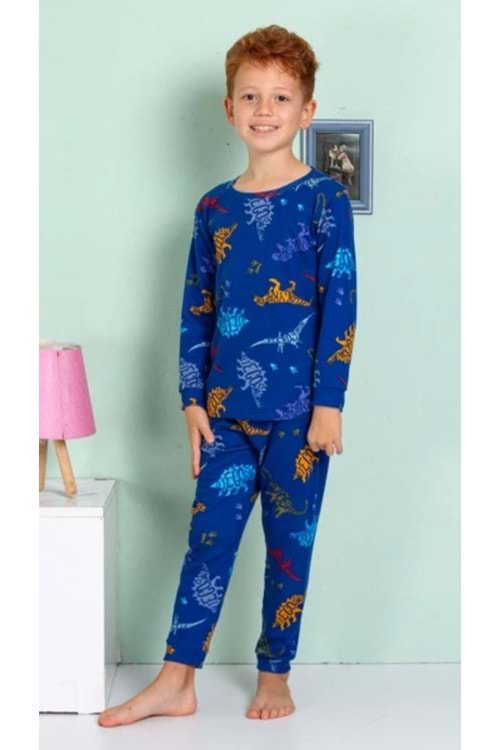 Önü Dinozor Baskılı Bisiklet Yaka Erkek Çocuk Pijama Takım