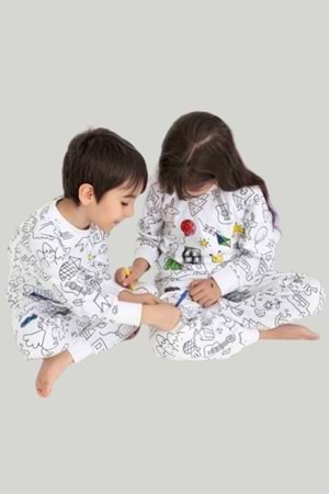Boyanabilir Desenli Eğitici Çocuk Pijama Takımı (Unisex)