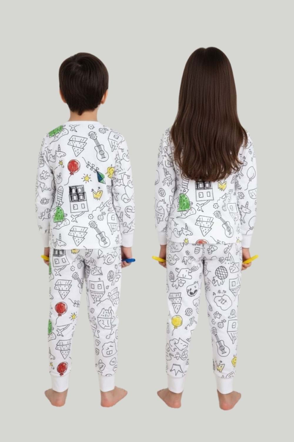 Boyanabilir Desenli Eğitici Çocuk Pijama Takımı (Unisex)