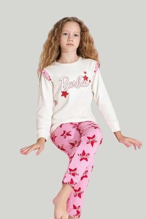 Kız Çocuk Barbie Baskılı Uzun Kollu Pijama Takımı