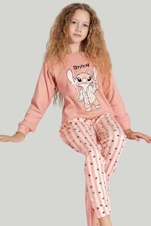 Kız Çocuk Stitch Baskılı Pembe Pamuklu Pijama Takımı