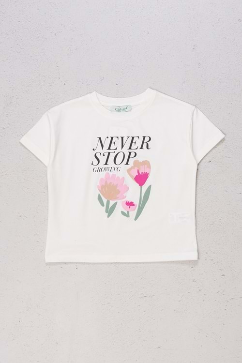 Bisiklet Yaka Kabartma Çiçek Detaylı Kız T-shirt - 6 YAŞ