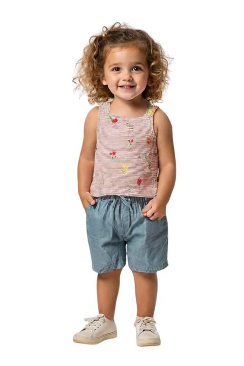 Çiçek ve Çizgi Desenli Askılı Kız Çocuk Takım - Kırmızı