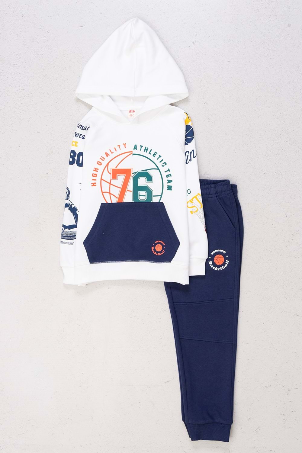 Önü Kolları Baskılı Kanguru Cepli Kapüşonlu Erkek Çocuk Eşofman Takım