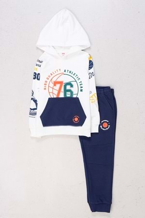 Önü Kolları Baskılı Kanguru Cepli Kapüşonlu Erkek Çocuk Eşofman Takım