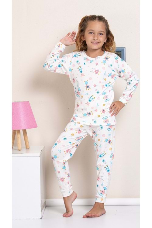 Kız Robot Baskılı Bisiklet Yaka Kız Çocuk Pijama Takım
